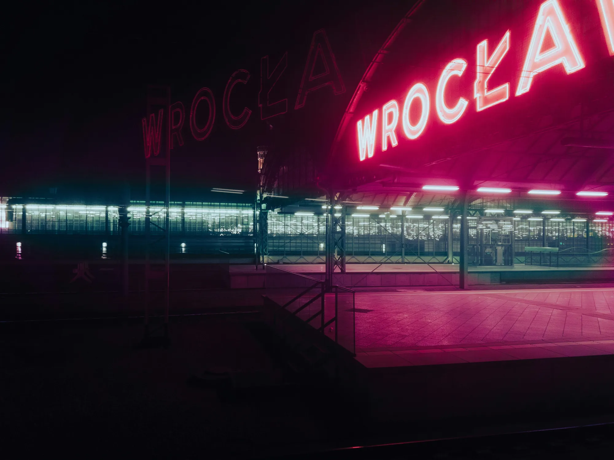 Neon Wrocław sign at the main railway station